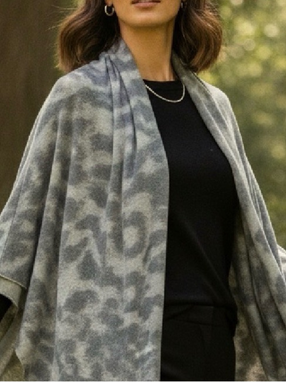 MYSTREE LEOPARD PRINT GRAY COWL NECK PONCHO SCARF SHAWL